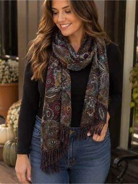 Maurices Paisley Oblong Fringe Scarf Brown Teal Burgundy Boho Wrap Shawl